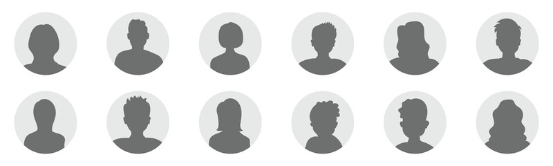 woman and man silhouette avatars or profile gray icon. male and female portraits, anonymous people icons different styles, oval, square, circle shape