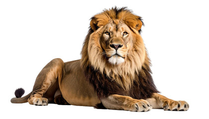 Obraz premium Majestic male lion lying down on transparent background
