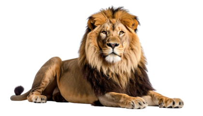 Majestic male lion lying down on transparent background