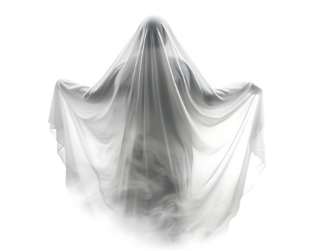 Ghostly Figure in Flowing White Sheet with Smoke and Transparent Background halloween isolated on a transparent background