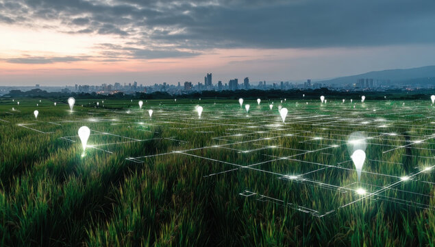 Green Agricultural Land Parcel with Location Markers, Representing Real Estate, Development, and Smart Farming Technology
