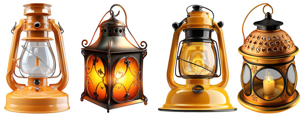 Set of vintage oil lanterns and decorative lamps glowing with warm light, isolated on transparent background