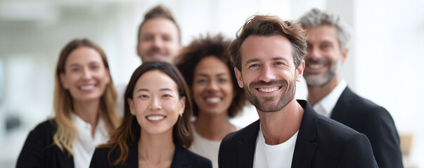 Obraz premium Diverse, smiling professionals pose for a business portrait. Depicts teamwork, success, leadership, and collaboration. Ideal for corporate communications.