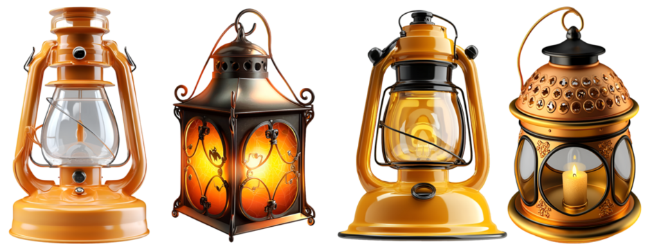 Set of vintage oil lanterns and decorative lamps glowing with warm light, isolated on transparent background
