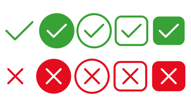 Check mark icons. Green check mark icon and red cross icon sheet. green tick and red x. Symbols of approval and Decline, outline and fill vector illustration
