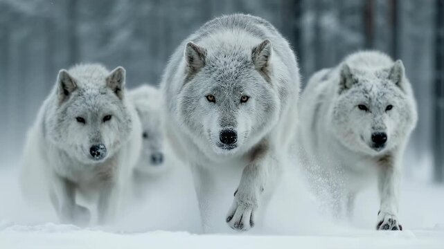 Pack of white wolves running in snowy forest. Wildlife in winter. Arctic predators hunting together. Nature documentary concept. Majestic animals in cold environment.