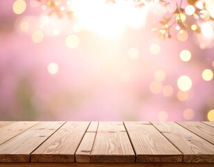 Wooden table in soft pink bokeh background