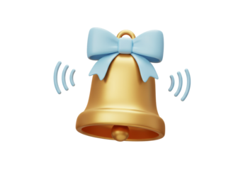 Isolated 3D Ringing Golden Bell with a Blue Bow for Notification