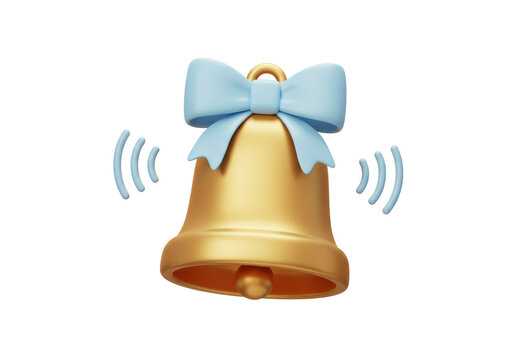 Isolated 3D Ringing Golden Bell with a Blue Bow for Notification