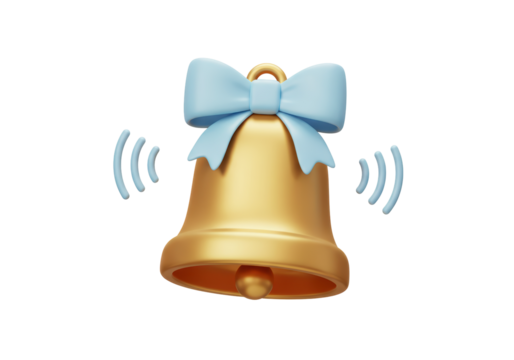 Isolated 3D Ringing Golden Bell with a Blue Bow for Notification