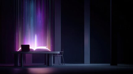 A Modern Office Space Illuminated By Vibrant Neon Lights A Dark Room With Purple, Blue, And Pink Glowing Stripes, Featuring A Modern Desk, Laptop