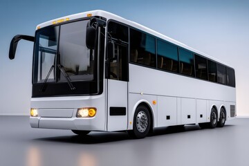 Modern white bus parked in a studio setting showcasing sleek design and spacious interior for transportation enthusiasts