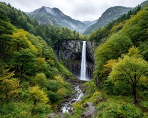Majestic waterfall cascading through autumnal valley