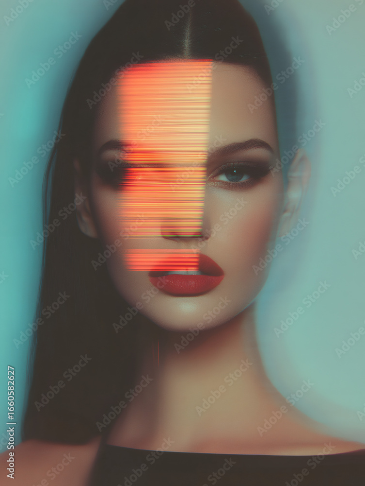 Poster woman's face with glitch effect and digital distortion. abstract portrait with red scan lines. conce