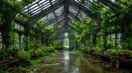 Rain Drenched Lush Greenhouse An Enchanting Image of Thick Vegetation and Decaying Structure, Capturing a Moody Atmosphere in a Deserted Greenhouse