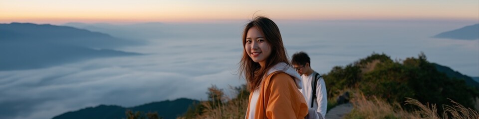 Obraz premium Young asian adults hiking at dawn with scenic mountain view