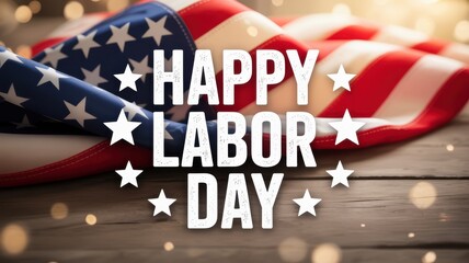 Patriotic Labor Day Greeting:  American Flag, Wood Background, Festive Lighting, Warm Mood