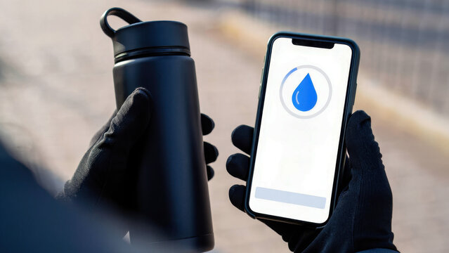 Smart water bottle with hydration tracking app, tech flask for daily water intake monitoring, modern hydration gadget in outdoor use