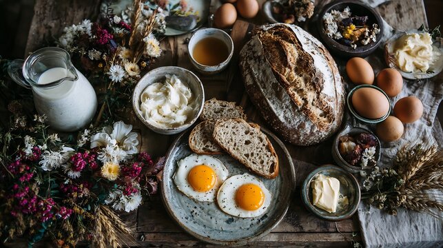 Rustic farmhouse breakfast fresh milk jug crusty sourdough bread homemade butter poached eggs seasonal fruits countryside vibes