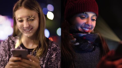 Two Young Women Using Smartphones With Colorful Blurred City Lights, Representing Modern Technology, Digital Communication, And Global Social Connectivity. Facial Recognition Technology. - Powered by Adobe