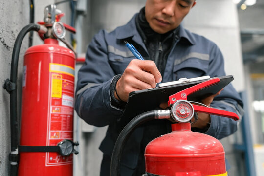 Engineers are checking and adjusting fire extinguishers in fire protection systems. 

