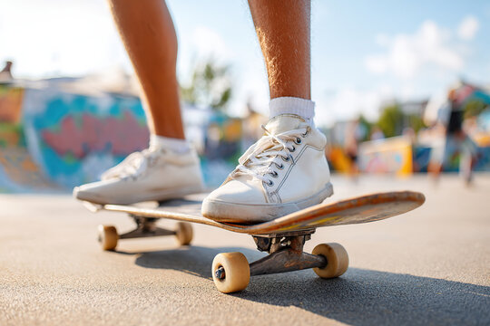 Practicing tricks on a skateboard at a sunny skatepark with colorful murals in the background - Powered by Adobe