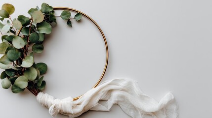 Elegant Gold Metal Wreath with Eucalyptus and White Lace on White Background A Minimalist Flatlay Design for Wedding or Home Decor