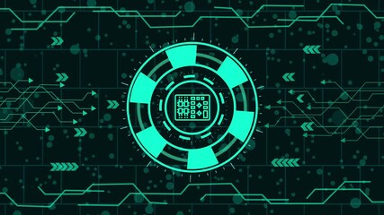 Futuristic interface with circuit board and chip icon, representing technology, artificial intelligence, and data processing in a modern and abstract design - Powered by Adobe