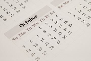 Closeup of October calendar page layout
