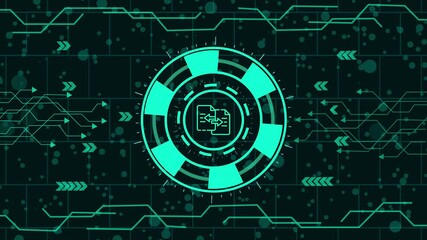 Futuristic interface with circuit board and document icon, representing technology, artificial intelligence, and data processing in a modern and abstract design - Powered by Adobe