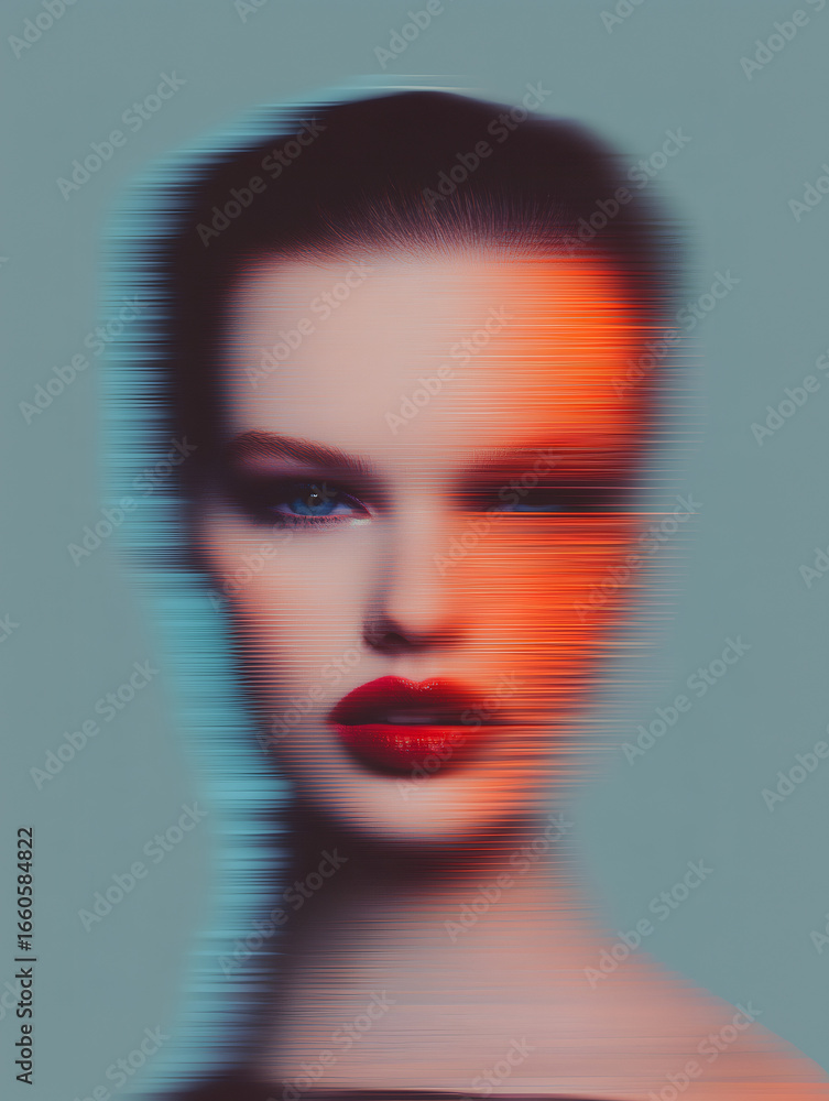 Poster woman's face with a digital glitch effect. abstract pixel displacement creating a modern portrait. d
