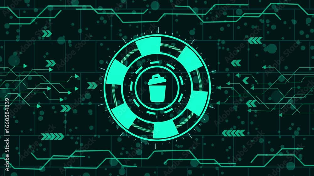 Poster delete icon,data bucket with circuit board background, symbolizing data storage and management in a 