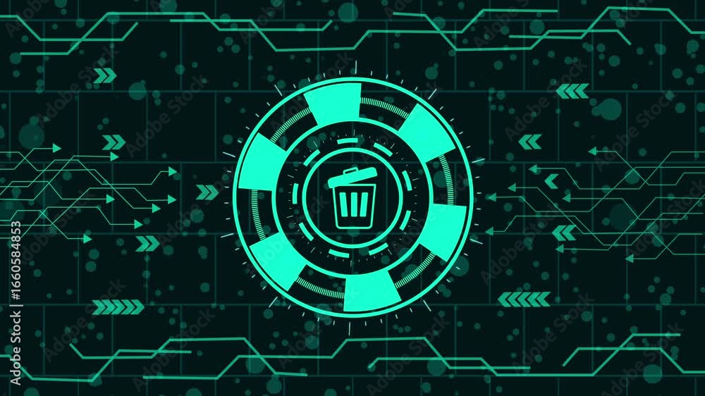 Poster trash bin with circuit board background, symbolizing data deletion and management in a modern, digit