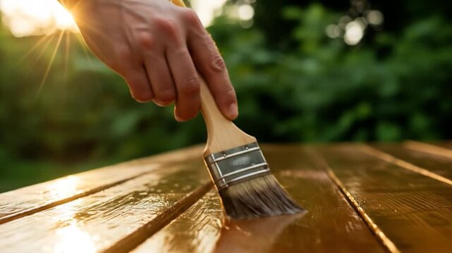 Applying protective wood finish with brush for deck or furniture restoration