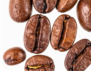Macro of roasted coffee beans isolated on white background, arabica blend, morning brew, caffeine close-up, copy space