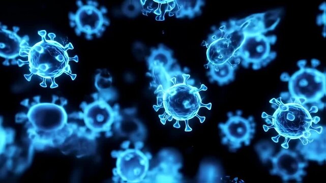 Abstract glowing blue virus cells, pathogen infection, disease concept, scientific visualization