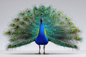 Fototapeta premium Majestic peacock showcasing its brilliant plumage against a minimalist backdrop in a serene moment of nature's elegance