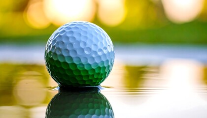 Golf ball sits in shallow water, reflecting the sunset