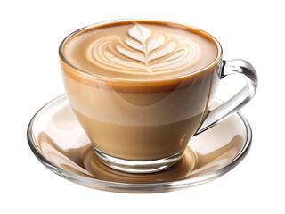 Clear Glass Coffee Cup with Latte Art and Saucer on cappuccino beverage isolated on a transparent background