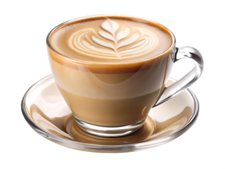 Clear Glass Coffee Cup with Latte Art and Saucer on cappuccino beverage isolated on a transparent background