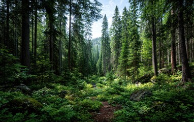 Lush forest floor, tall trees