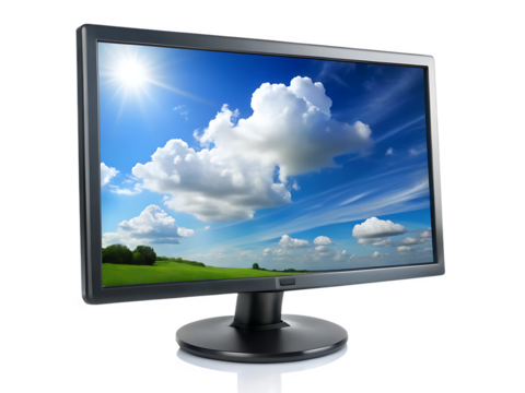 Computer Monitor Displaying a Sunny Landscape with Clouds and Green Hills screen isolated on a transparent background