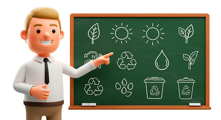 A cheerful cartoon teacher explaining environmental concepts on a chalkboard.