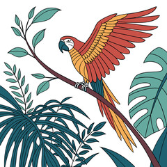 Colorful parrot perched on a branch amidst tropical foliage macaw bird