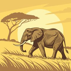 Fototapeta premium Elephant walking through savanna grasslands under a large sun tree