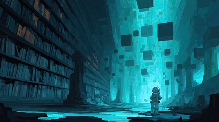 A Mysterious Figure In A Dark, Teal Lit Hallway Filled With Floating Cubes And Ancient Bookshelves A Digital Pixel Art Sci Fi Fantasy Illustration