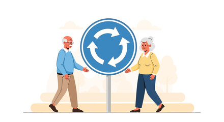 Elderly Couple Navigating Road Safety Roundabout Together With Care and Awareness