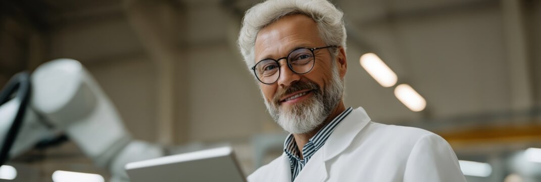 Elderly caucasian male scientist with tablet in robotics laboratory - Powered by Adobe
