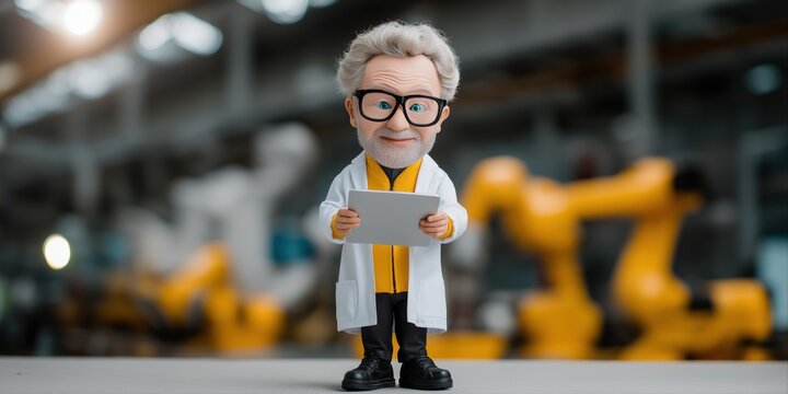 Elderly caucasian male scientist with tablet in robotic factory setting