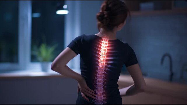 Woman holding her back in pain with a visible spine overlay, emphasizing the diagnostic or health concern in a relaxed home setting.